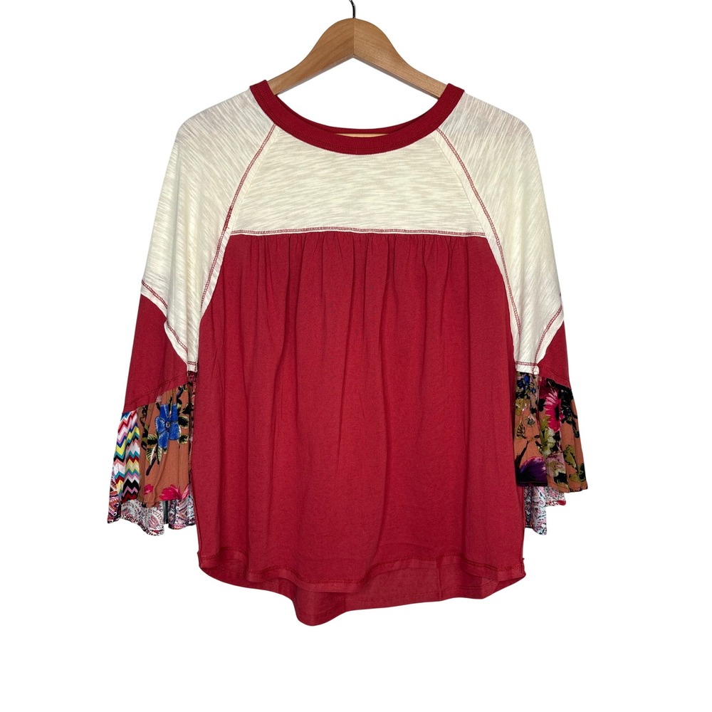 Oddi‎ Boho Mixed Media Bell Sleeve Top Floral Patchwork Red Women Size Med/Large